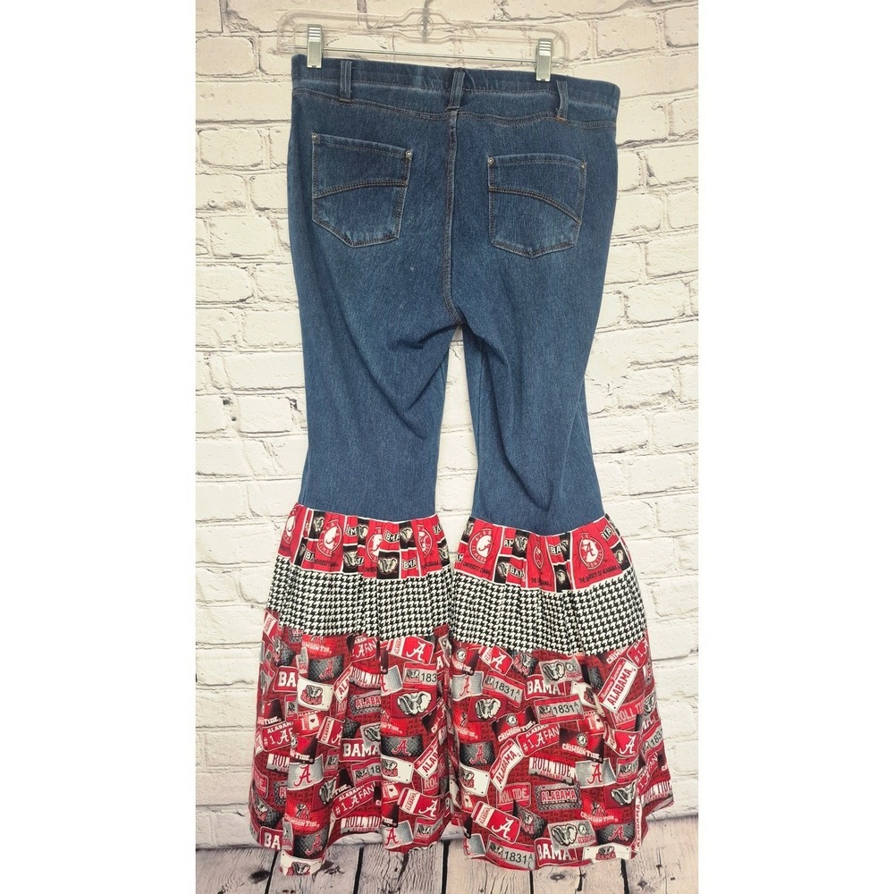 Roll Tide Alabama‎ Crimson Tide Ruffle Hem Denim Jeans Upcycled Fan Pants LG 12 - Picture 7 of 16